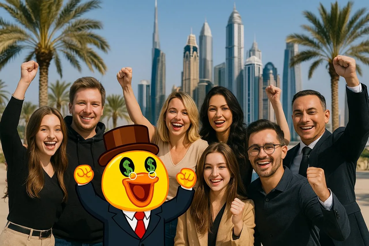 Группа улыбающихся людей на улице рядом с мультяшным персонажем, символизирующим деньги