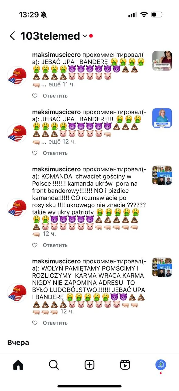 скриншот комментариев с агрессивными и оскорбительными сообщениями на польском и русском языках